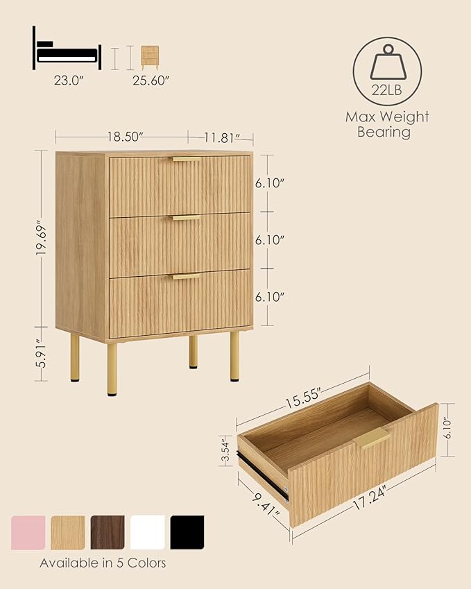 Night Stand,Tall Bedside Table with 3Storage Drawers,Oak Nightstand,Bedside Furniture,Side Table with Gold Frame,End Table for Bedroom,Living Room