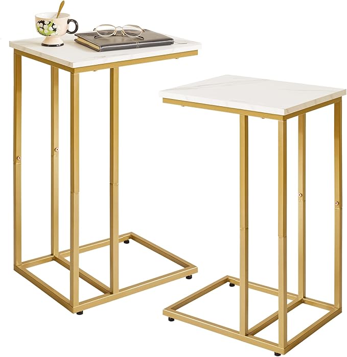 Small Side Tables C Shaped, End Table Set of 2, Small Table Stand for Living Room Bedroom, lLittle Bedside Table Faux Marble+Gold YD-TM051G-2