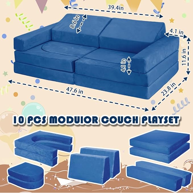 Modular Kids Play Couch Convertible Building Fort Sofa and Cushion 10Pcs Child DIY Floor Sofa for Sleeping Playroom Bedroom for Boys and Girls (Blue)