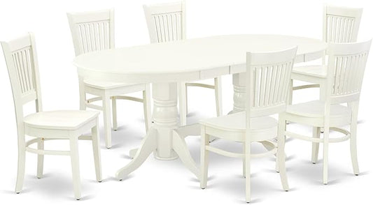 East West Furniture VAVA7-LWH-W 7 Piece Dining Room Table Set Consist of an Oval Kitchen Table with Butterfly Leaf and 6 Dining Chairs, 40x76 Inch, Linen White