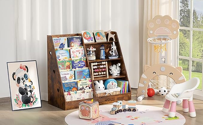 Lerliuo 4 Tier Kids Bookshelf and Storage Organizer, Five Layer Sling Children Bookcase, Baby Toddler Wooden Book Shelf, Display Cabinet for Playroom, Bedroom, Classroom, Nursery, School (Brown)