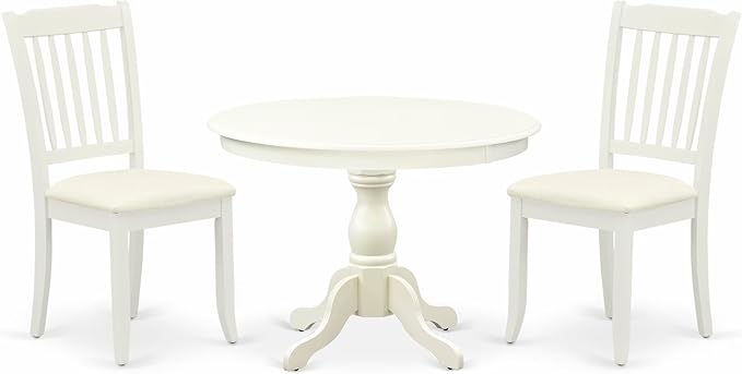 East West Furniture HBDA3-LWH-C 3 Piece Dining Room Table Set Contains a Round Kitchen Table with Pedestal and 2 Linen Fabric Upholstered Dining Chairs, 42x42 Inch, Linen White