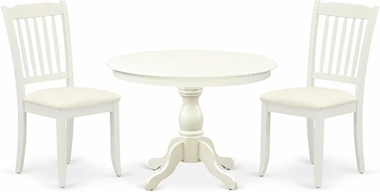 East West Furniture HBDA3-LWH-C 3 Piece Dining Room Table Set Contains a Round Kitchen Table with Pedestal and 2 Linen Fabric Upholstered Dining Chairs, 42x42 Inch, Linen White