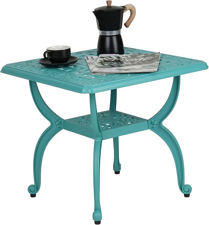 JARDIN DE CENTENNIAL Cast Aluminum Outdoor Side Table,Anti-Rust Outdoor End Table,Patio Coffee Bistro Table for Indoor,Garden,Porch,Balcony(Square Blue)