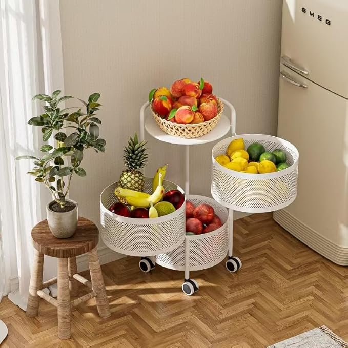 JAQ Vegetables Storage Basket, Rotating Storage Shelves Basket Carts Rack Organizer Bin on Rolling Wheels in Kitchen Household for Fruits Grocery Corns Potatos-(3-Tier,White)