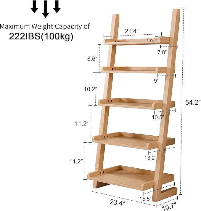 Wooden Ladder Shelf with Edges, 5-Tier Modern Leaning Bookshelf Ladder – Stylish Space-Saving Bookcase for Living Room, Bedroom & Home Office
