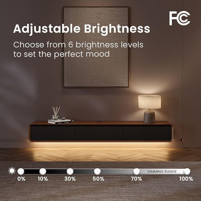 POVISON Fully Assembled Floating TV Stand with LED Lights, 63" Modern Wall-Mounted Media Console with 3 Flip-Down Cabinet Doors, Solid Wood Floating Entertainment Center for 55 Inch TV