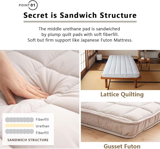 EMOOR Japanese Padded Futon Mattress Machi Small-Twin Gray, Gusset Foldable Storable Elastic Bands Floor Sleeping Guest Bed Tatami Mat