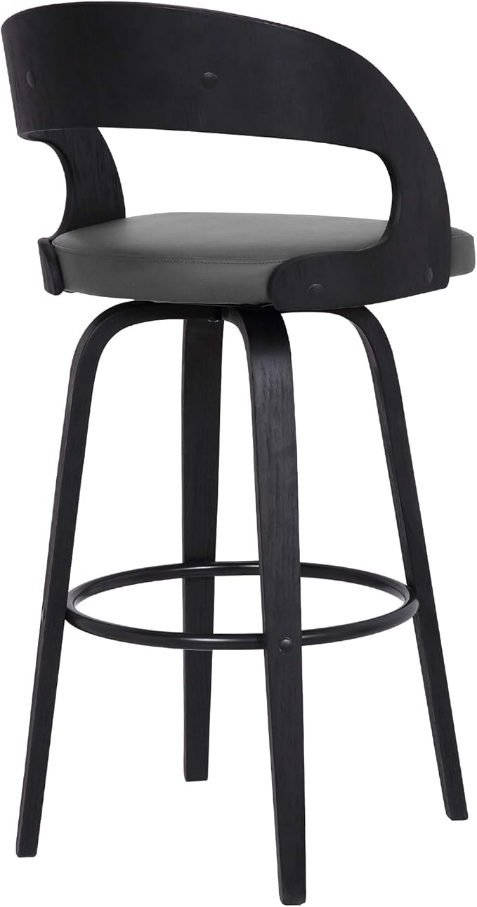 Armen Living Shelly 26" Counter Height Swivel Gray Faux Leather and Black Wood Bar Stool
