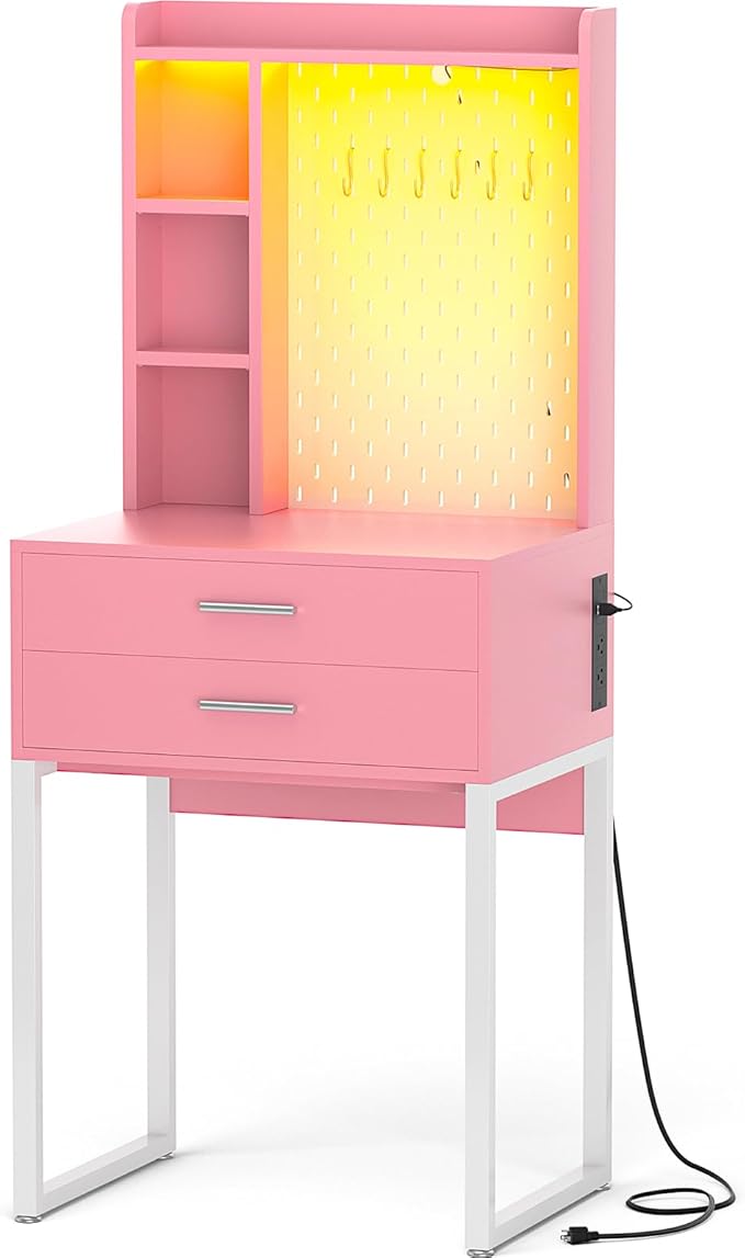 Small Vanity Desk with Hutch and Drawers, Pink Makeup Vanity Desk with Outlets, Vanity Table Dressing Table with LED Lights, Vanity Desks No Mirror with Pegboard for Girls Women, 24"