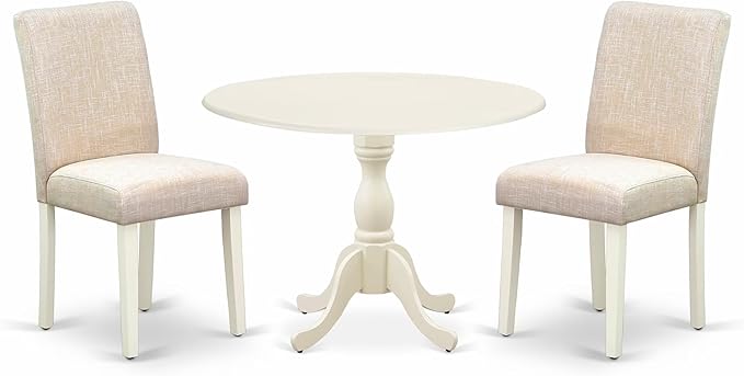 East West Furniture DMAB3-LWH-02 3 Piece Dining Table Set Contains a Round Dining Room Table with Dropleaf and 2 Light Beige Linen Fabric Upholstered Chairs, 42x42 Inch, Linen White