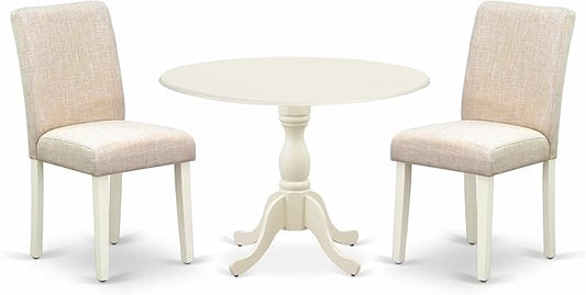 East West Furniture DMAB3-LWH-02 3 Piece Dining Table Set Contains a Round Dining Room Table with Dropleaf and 2 Light Beige Linen Fabric Upholstered Chairs, 42x42 Inch, Linen White