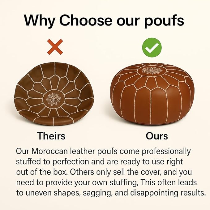 Stuffed Round Design Moroccan Leather Pouf Ottoman, Handmade, Pre-Filled, 100% Genuine Leather, 13” Height x 20” Diameter, Footstool & Living Room Décor (Dark Brown)