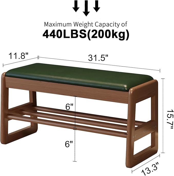 Shoe Rack Bench with Leather Cushion,2 Tiers Shoe Bench with Flip-Top Storage,Wood Shoe Rackh for Entryway,Hallway（Green,31.5"）