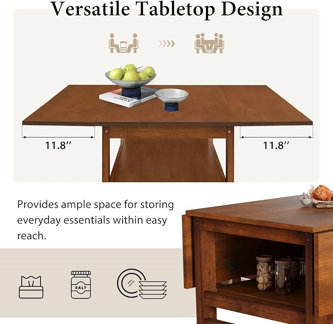 Drop Leaf Dining Table with Chairs Set of 4, 5-Piece Farmhouse Rectangular Dining Room Table with 4 Upholstered Solid Wood Chairs, Extendable Kitchen Tables for Small Place, Brown Rubber Wood