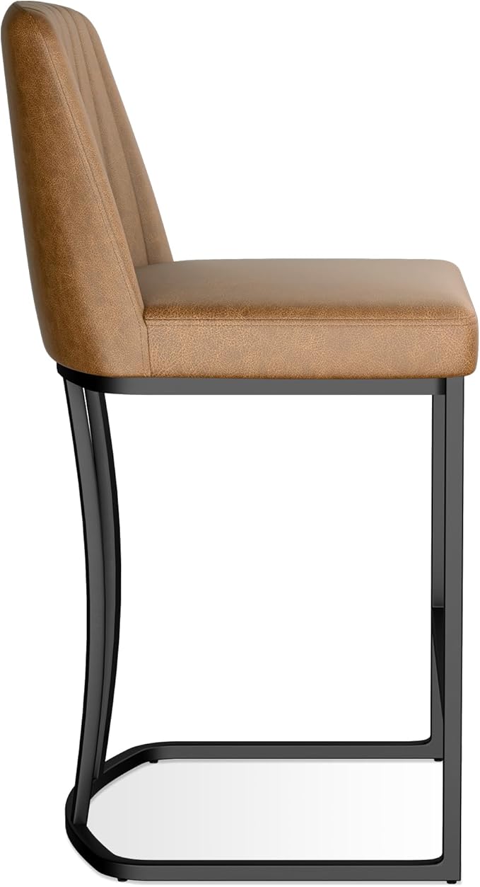 Counter Height Bar Stools Set of 4, Upholstered Leather Barrel Barstools with Back and Metal Legs for Kitchen Island, 27.4" Seat Height, Fabric in Faux Leather, Rustic Brown
