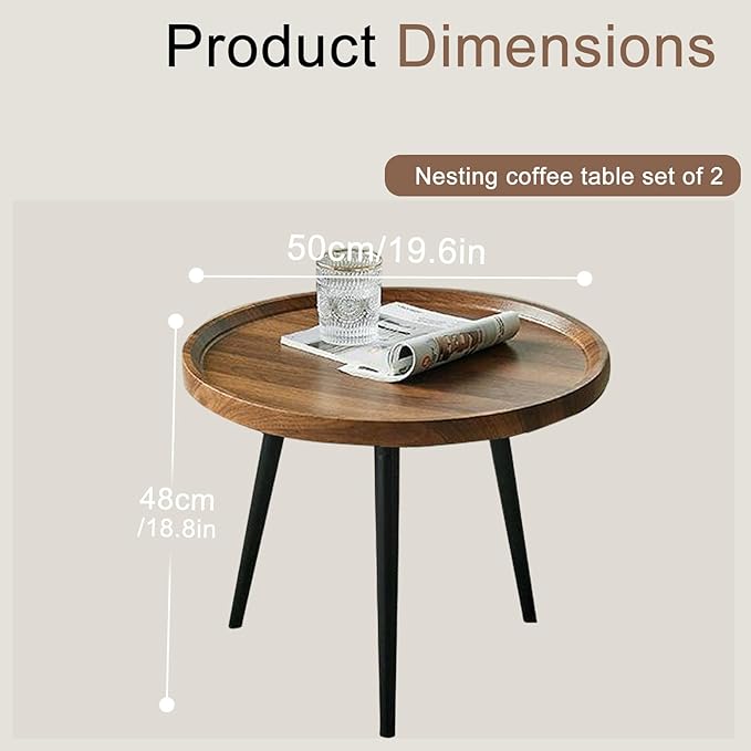 Jessie Small Round Coffee Tables,50x50x48cm Mid Century Modern Nesting Tables,Easy Assembly Circle Walnut Coffee Tables with Non-Slip Feet,Nesting Coffee Table for Living Room Balcony Yard