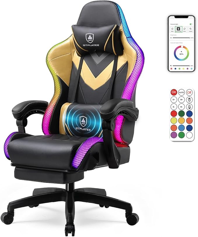 GTPLAYER Gaming Chair, RGB Gaming Chairs with LED Lights, Video Gaming Chair for Adults, Ergonomic Computer Gaming Chair with Linkage Armrest, Reclining Chair with Headrest (with Massage, Yellow)