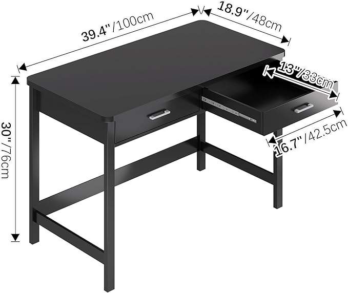 4NM 39.4" Small Desk with Wood Drawers, Home Office Computer Desk with Wooden Legs, Study Writing Table Vanity Desk for Small Spaces - Black