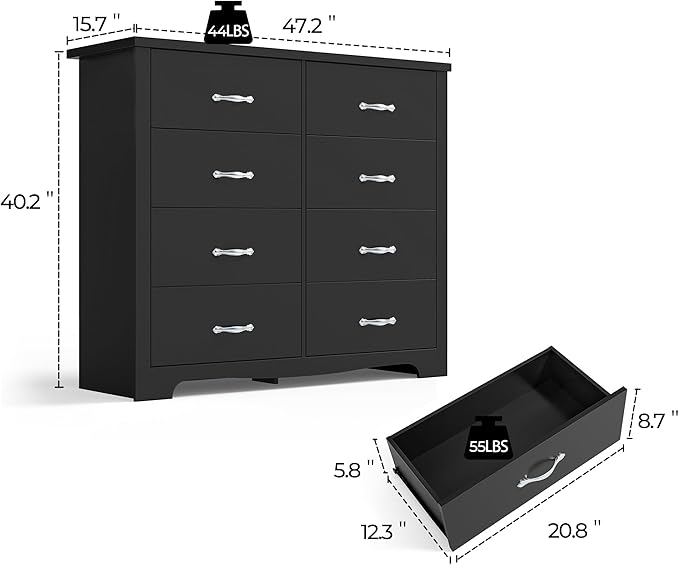 LINSY HOME 8 Drawers Dresser for Bedroom, 47" Wide Rustic Wood Dressers & Chests of Drawers, 40" Tall Modern Storage Dresser with Antique Handles for Closet, Living Room, Hallway, Black