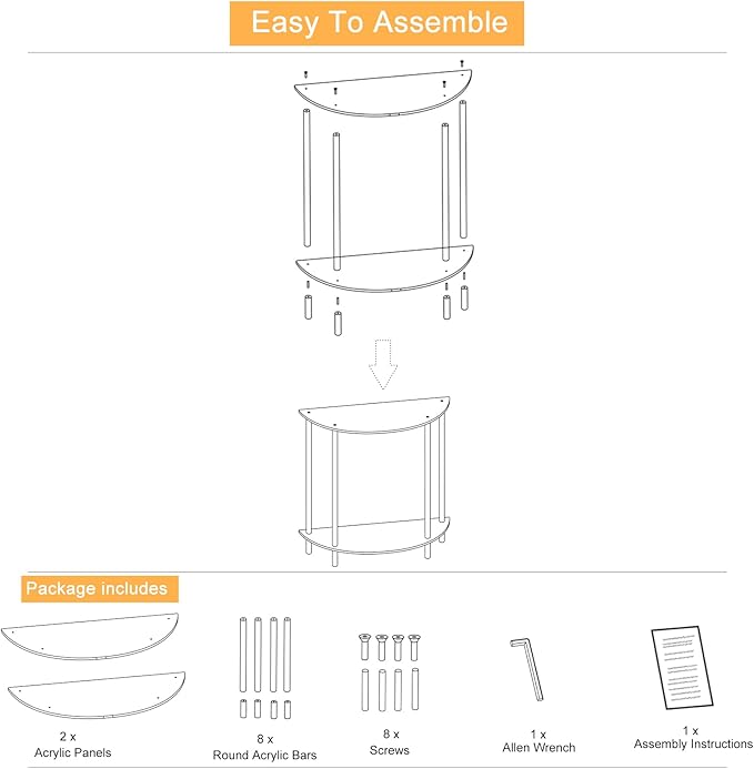 Acrylic Console Table, 2-Tier Half Moon Sofa Couch Table with Storage Shelf, 29.53" Narrow Entryway Table for Bedroom, Living Room, Foyer, Hallway (Clear)