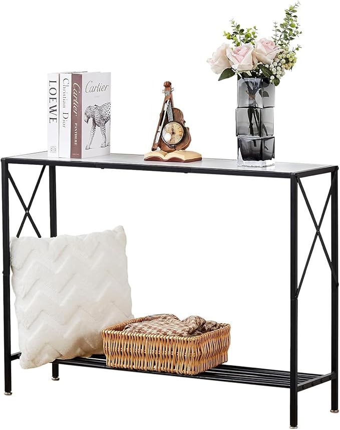 Wimarsbon Console Table,Multifunctional Sofa Side Table with Shelves,Behind Couch TV Tables with Metal Frame,Accent Display Stand for Hallway,Entrance (41.9" 2-Layer White Faux Marble + Black Frame)