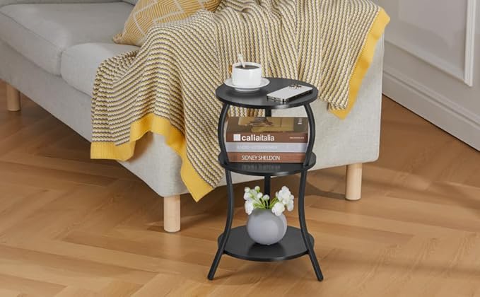 Vintage Small Round Side Table, 3-Tier Slim Waist Circular End Table with Storage Shelf, Compact Tea Sofa Side Table, Round Corner Coffee Table Nightstand for Living Room Bedroom Small Spaces,Black