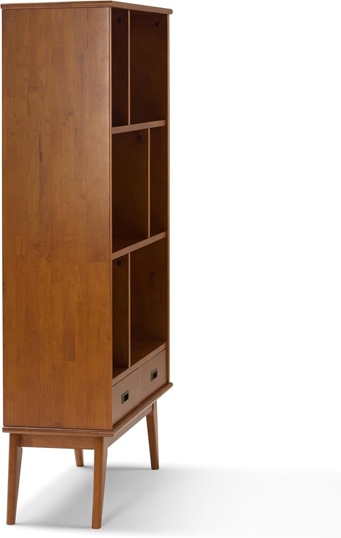 SIMPLIHOME Draper Bookcase - 64 inch Tall Solid Hardwood Wide Storage Bookshelf in Teak Brown, Mid-Century Modern Storage for Living Room, Study Room or Office with Adjustable Shelves and Tapered Legs
