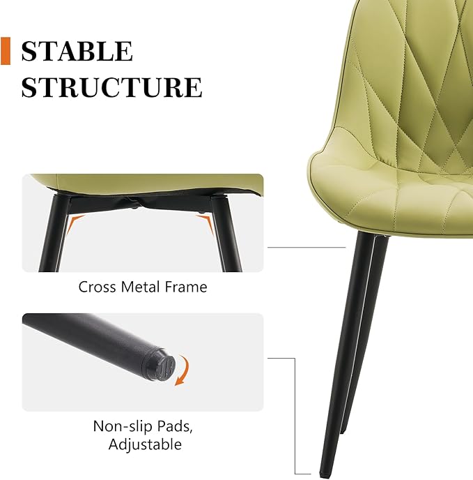 Rowill Modern Dining Chairs Set of 2 Upholstered Faux Leather Kitchen Chairs with Soft Cushion Backrest, Sturdy Metal Legs & Non-Slip Pads, Perfect for Home Dining Room, Kitchen, Avocado Green