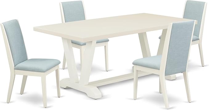 East West Furniture V027LA015-5 5 Piece Dining Room Table Set Includes a Rectangle Kitchen Table with V-Legs and 4 Baby Blue Linen Fabric Parson Dining Chairs, 40x72 Inch, Multi-Color