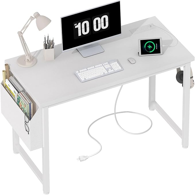 Lufeiya White Computer Desk with Power Outlet, 40 inch Simple Teen Study Table Home Office Work Writing Desks with Charging Station Outlets USB Port Built in, Storage Pocket，White