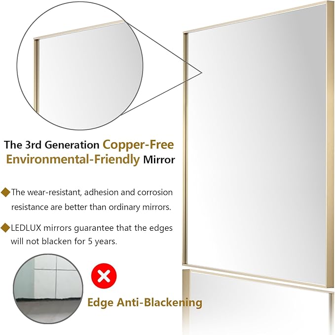 30x36 Inch Gold Bathroom Mirror - Copper-Free Mirror, Aluminum Alloy Frame Vanity Rectangle Wall Mounted Modern Mirror for Bedroom/Living Room/Porch Horizontal or Vertical