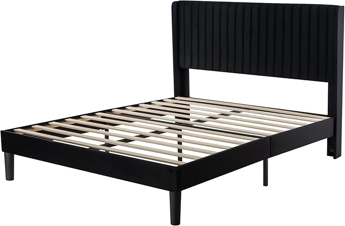 Allewie Full Size Velvet Bed Frame/Vertical Channel Tufted Wingback Headboard/Upholstered Platform Bed/Strong Wooden Slats/No Box Spring Needed/Easy Assembly/Black
