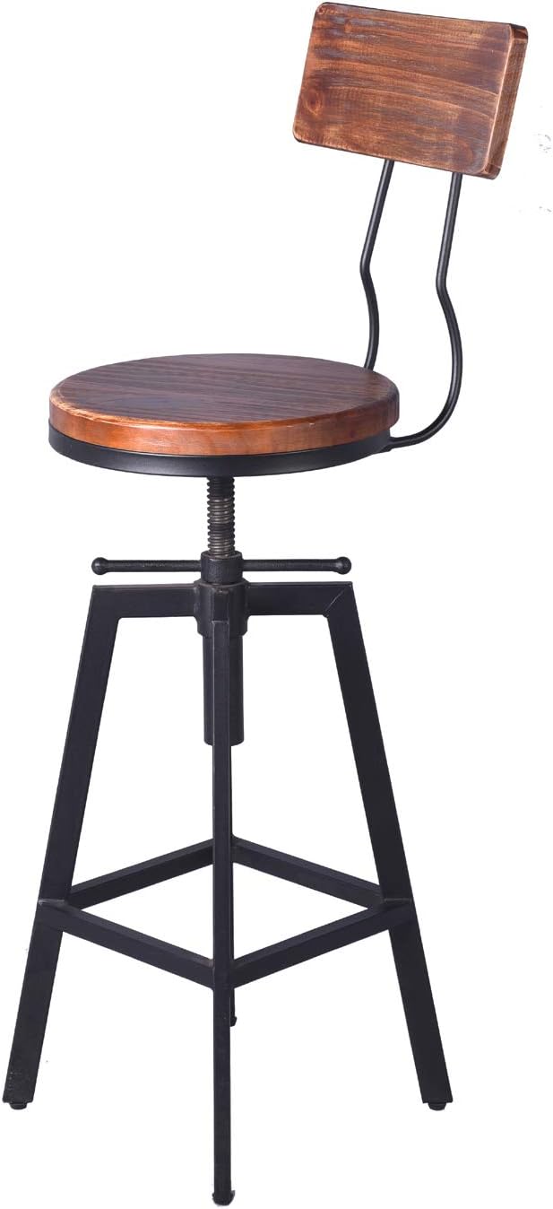 Diwhy Industrial Bar Stool Wood Metal Bar Stool,Adjustable Height Swivel Counter Height Bar Chair with Backrest,Black,Fully Welded Set of 2 (Brown Wooden Top with Wooden Backrest)
