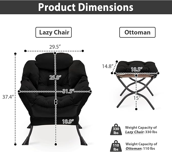 Lazy Chair with Folding Ottoman, Accent Chair Velvet Upholstered with Metal Structure and Non-Slip Pads, Sofa Armchair with Footrest and Side Storage Bag for Dorm, Room, Office, Black