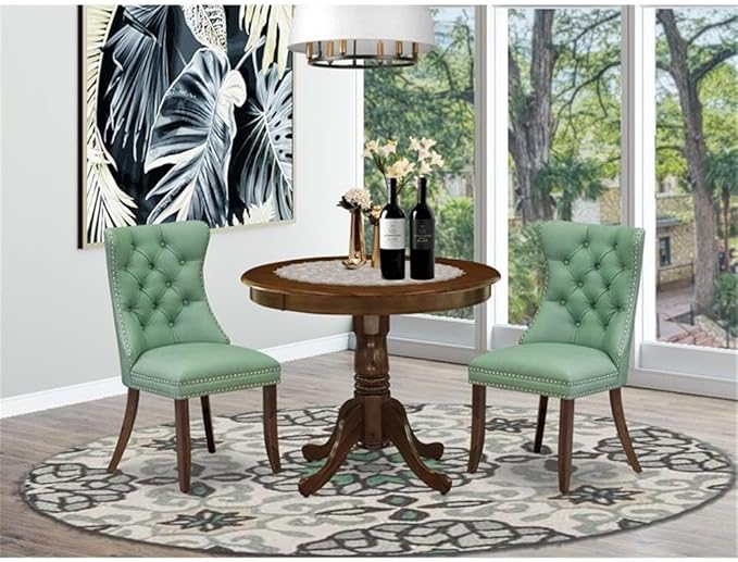 East West Furniture ANDA3-AWA-22 3 Piece Kitchen Table & Chairs Set Includes a Round Dining Table with Pedestal and 2 Polyester Fabric Upholstered Chairs, 36x36 Inch, Antique Walnut
