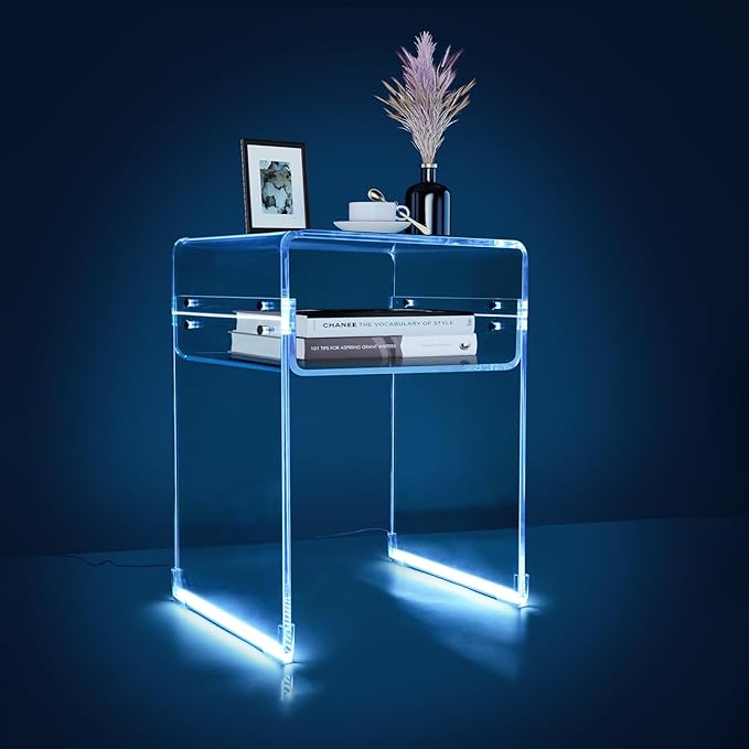 Clear Acrylic End Table 2-Tier Bedside Nightstand for Living Room Bedroom (1, Transparent LED)