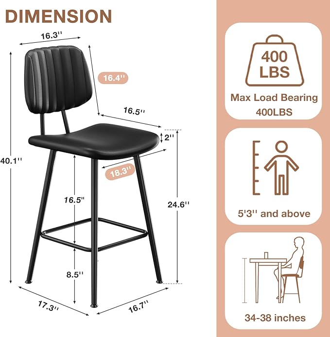 24-Inch Leather Bar Stools Set of 2, Counter Height Barstools with High Backrest，Bar Chairs for Kitchen Island with Heavy Duty Metal Legs, Black
