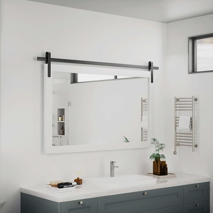 PAIHOME Large White Bathroom Mirror, Farmhouse Horizontal Rustic Square Mirror for Wall Wood Framed Vanity Mirrors, Barn Door Style Decor Living Room Entryway Bedroom Mirrors, 40x26INCH
