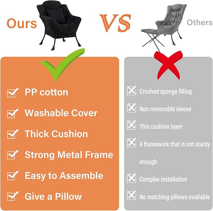 Lazy Chair with Pillow for Living Room, Modern Lounge Accent Chair with Armrests, Leisure Sofa Chair Set, Reading Chair for, Bedroom, Dorm Room, Office, Black