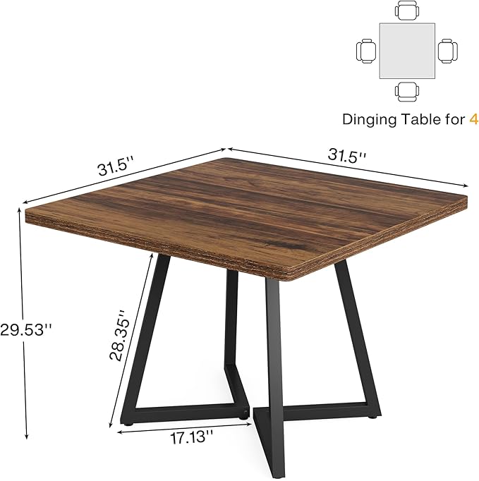 Tribesigns Square Dining Table for 4, 31.5" Industrial Dinner Table with Metal Base, Kitchen Table for Dining Room, Small Space, Apartment, Rustic Brown & Black