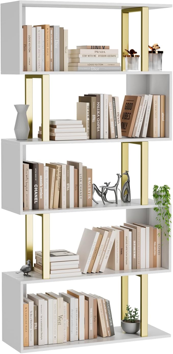 Gadroad 5 Tier Geometric Bookcase,S Shaped Bookshelf, Wood Decorative Storage Shelving, Modern Freestanding Display Shelves, Tall Book Shelf Unit for Living Room Bedroom, Gold