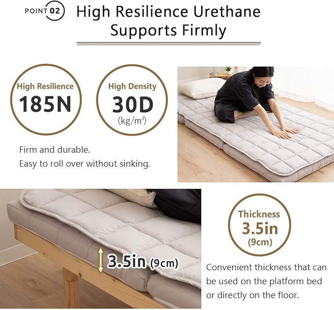 EMOOR Japanese Tri-fold Futon Mattress Machi with Mattress Pad King Gray, Gusset Foldable Storable Washable Floor Sleeping Guest Bed Tatami Mat