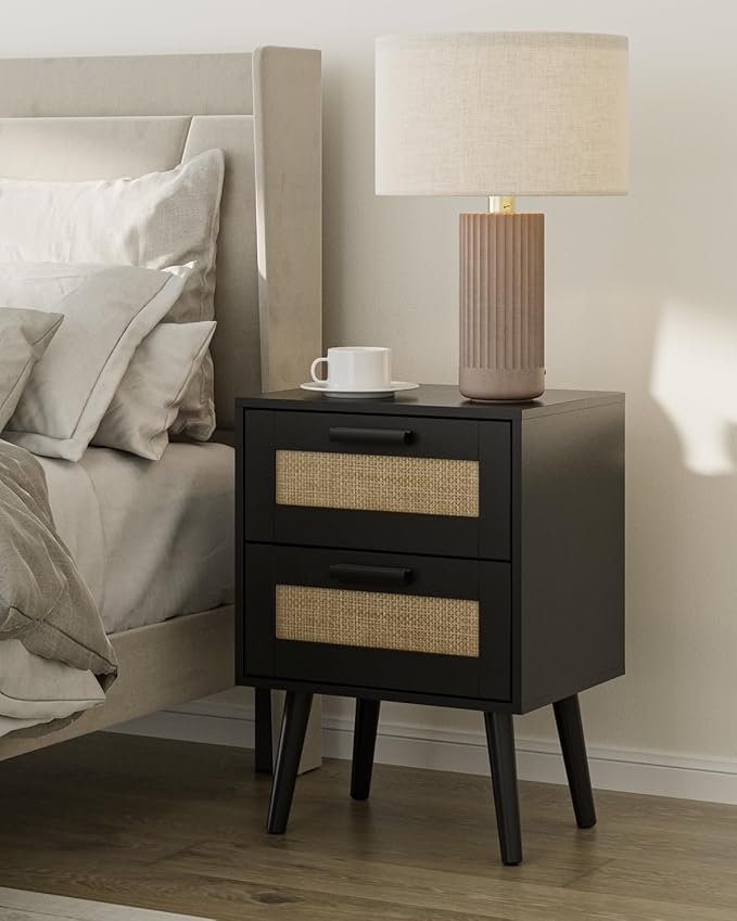 Masupu Rattan Night Stand, Modern nightstand Boho Bedside Table with 2 Drawer,Small End Side Table for Bedroom,Living Room,Office,Black