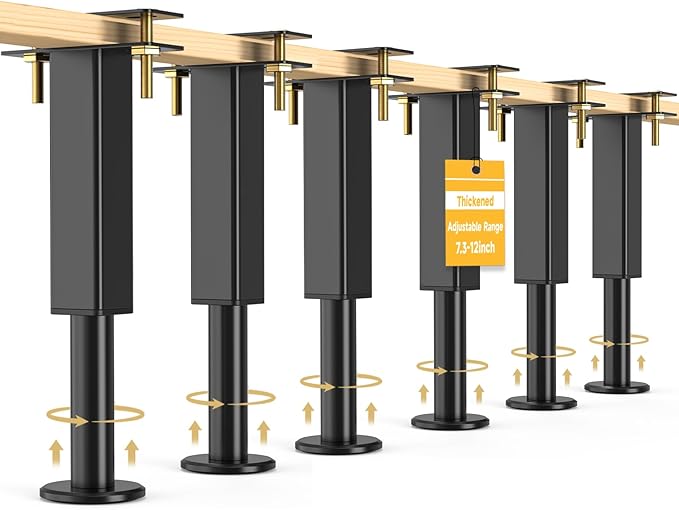 6PCS Adjustable Height Bed Support Legs, 7.3-12 In, Metal Heavy Furniture Legs with Rubber Non-Slip Base for Sofa/Cabinet/Couch/Dresser/Table, Furniture Feet Replacement for King Queen Bed Frame Slat