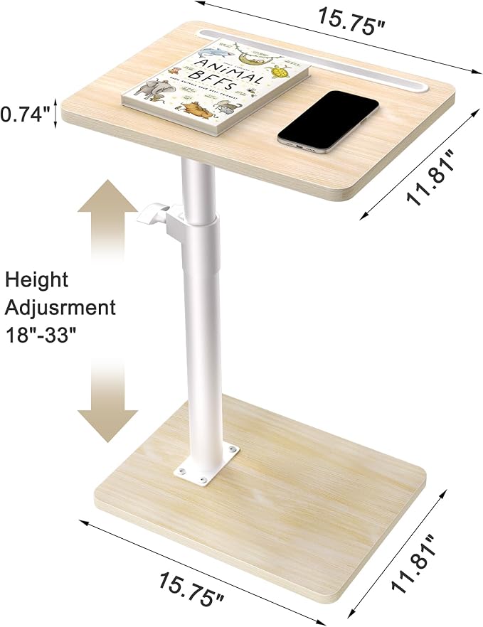 Sofa Armrest Tray Table for Couch - 360° Swivel Height Adjustable End for Small Spaces, Snack Side Table for Bed or Chair with Phone & Tablet Slot (Oak,Standard)