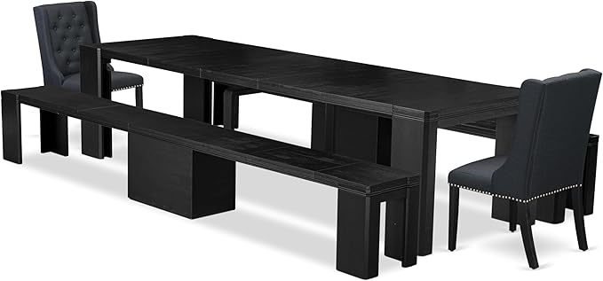 X02FO-206-24 - 5-piece Modern Dining Table Set a Rectangular Dining Table and 2 wooden Benches and 2 Black Linen Fabric kitchen Chair, 39x120 Inch, Wire Brushed Black