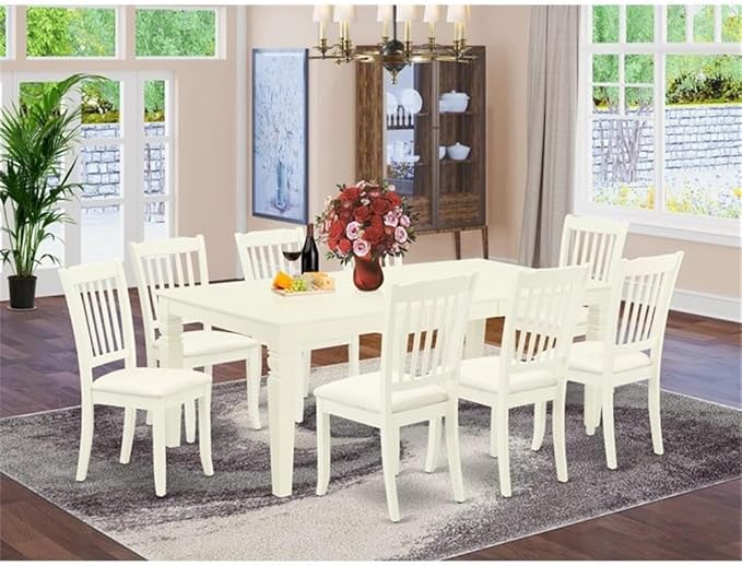 East West Furniture LGDA9-LWH-C 9 Piece Dining Table Set Includes a Rectangle Dinner Table with Butterfly Leaf and 8 Linen Fabric Dining Room Chairs, 42x84 Inch, Linen White