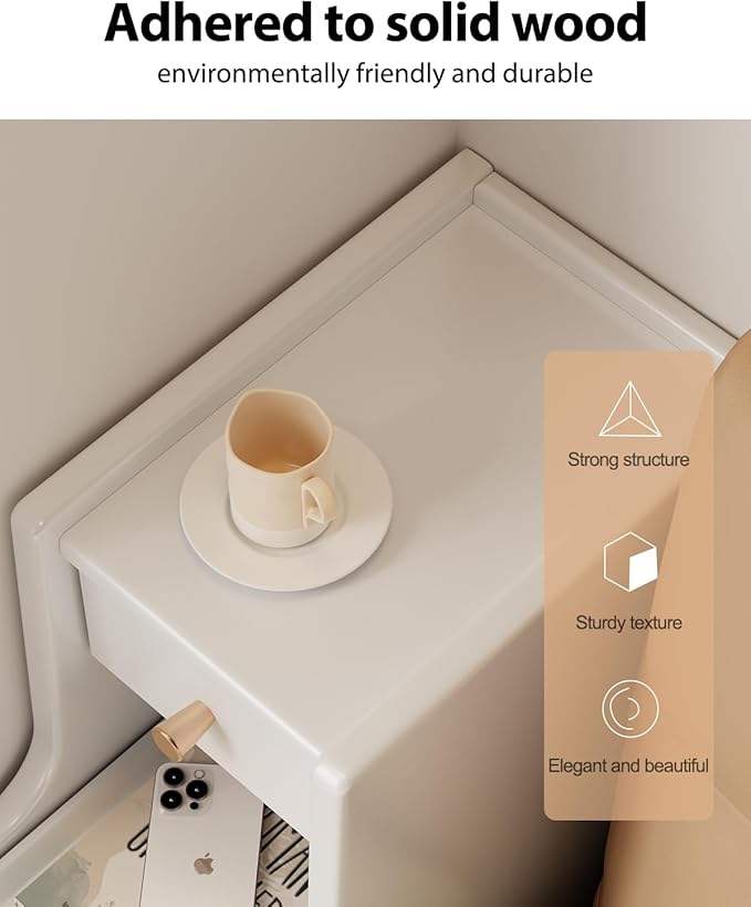 Narrow Nightstand with 3 Drawers,Solid Wood Small Nightstand White, Modern Small Bedside Tables for Bedroom(Fully Assembly)