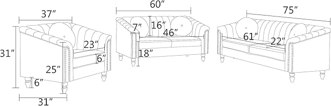 Sectional Sofa Set, Microfiber Chesterfield Upholstered Sofas Loveseat Couch Chair Sets with Style Button Tufted, Scroll Arms and Nailhead for Living Room, Office, Apartment-Red,S